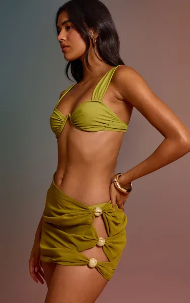 Olive Chiffon Large Bead Cut Out Mini Beach Skirt