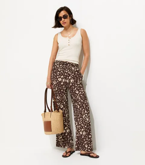 Brown Animal Print Crinkled Wide Leg Trousers