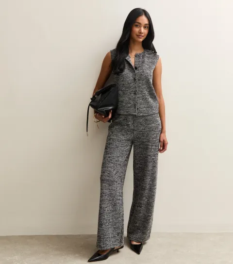 Black Soft Touch Ribbed Knit Wide Leg Trousers