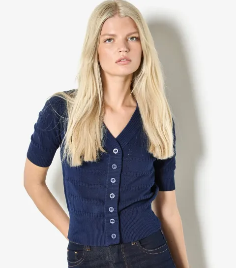 Navy Stripe Knit Short Sleeve Cardigan