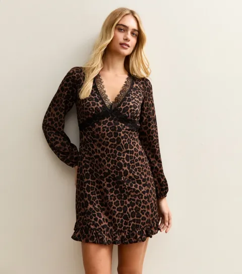 Brown Leopard Print Lace Trim long Sleeve Mini Dress