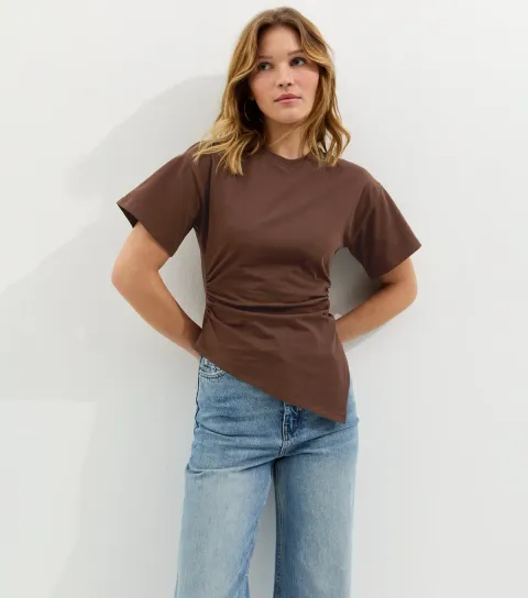 Dark Brown Asymmetric Split Hem Corset T-Shirt