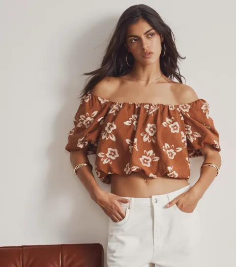 Brown Floral Print Puff Sleeve Crop Top