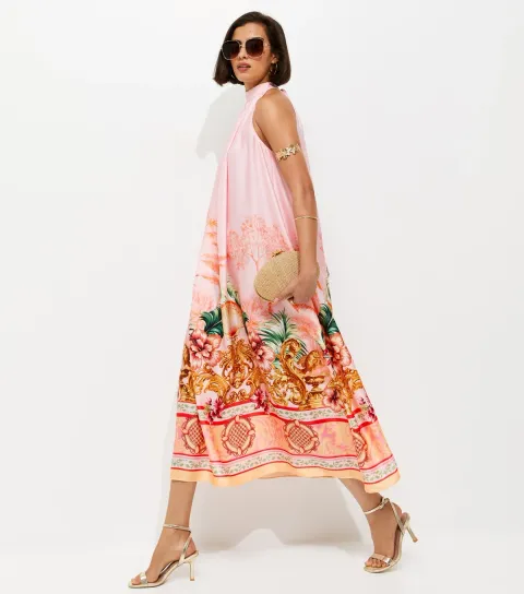 Pink Tropical Print Halter Neck Satin Midi Dress