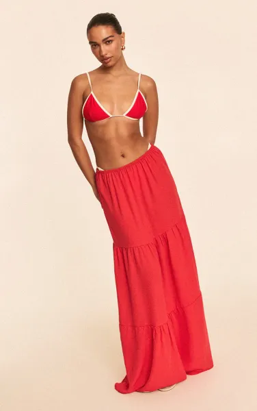 Red Linen Look Tiered Maxi Beach Skirt