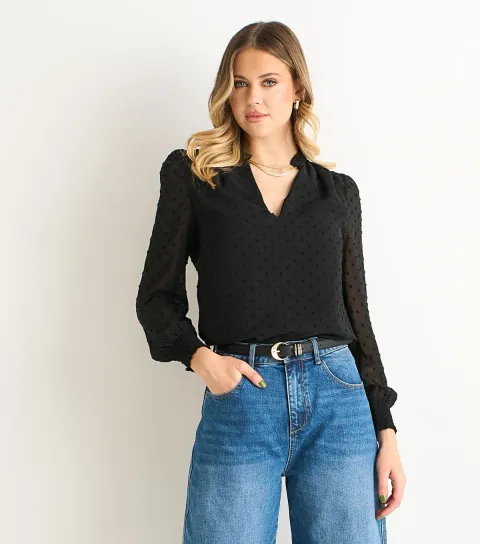 Black Dobby Chiffon Frill Neck Blouse