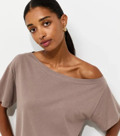 Brown Cotton Off The Shoulder T-Shirt
