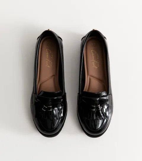Wide Fit Black Faux Patent Leather Loafers Vegan