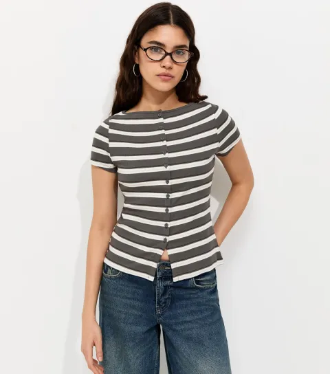 Grey Cotton Rich Striped Button Through Baby Tee T-Shirt