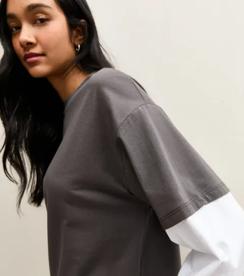 Dark Grey Boxy Layered Sleeve T-Shirt