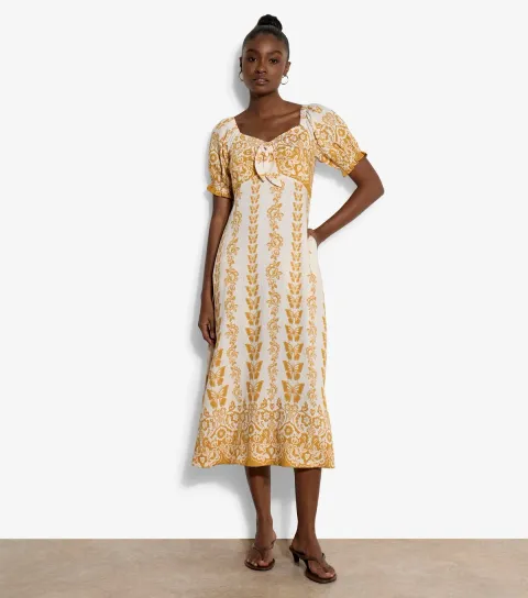 Yellow Butterfly Print Tie Front Midi Dress