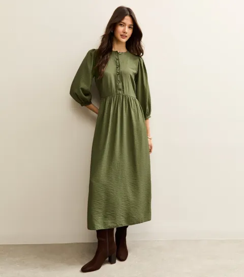 Light Khaki Buttoned Cropped Sleeve Midi Dress
