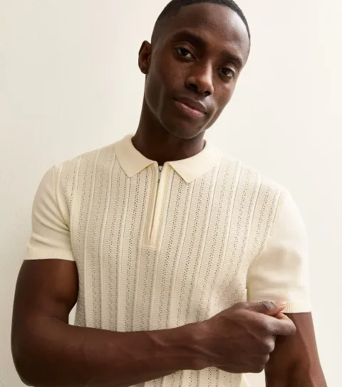 Cream Rib Knit Quarter Zip Polo Shirt