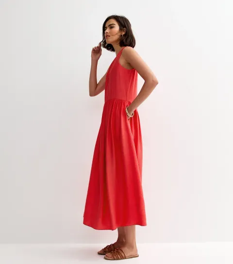 Coral Pink Drop Waist Sleeveless Midi Dress