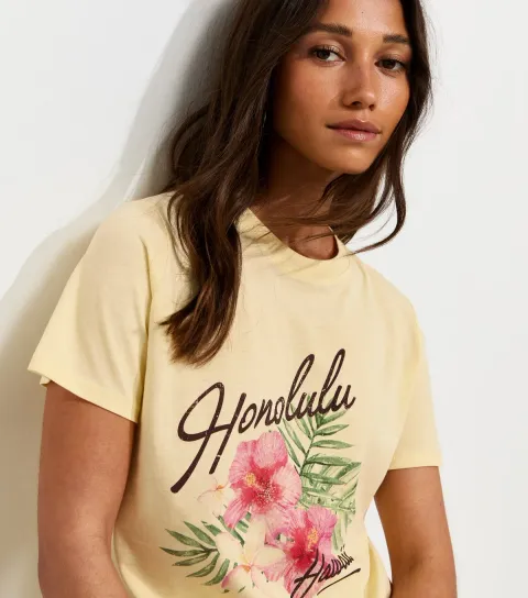 Light Yellow Cotton Honolulu Print T-Shirt