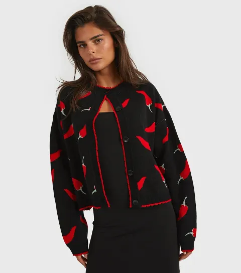 Black and Red Chilli Patterned Cardigan