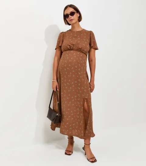 Maternity Brown Floral Print Lace Trim Midi Dress
