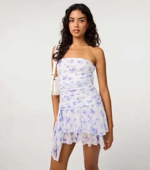 Blue Floral Print Bandeau Mesh Mini Dress