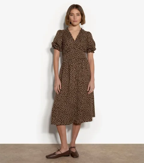 Brown Mini Dot Print Button Front Midi Dress
