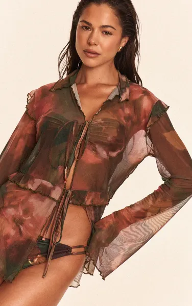 Multi Water Colour Print Mesh Frilly Tie Front Beach Top