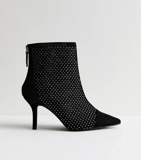 Wide Fit Black Faux Suede Mesh Diamante Embellished Heeled Ankle Boots Vegan