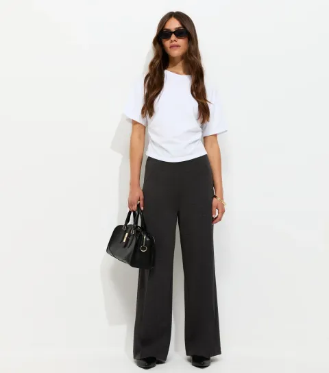 Petite Dark Grey Jersey Wide Leg Trousers