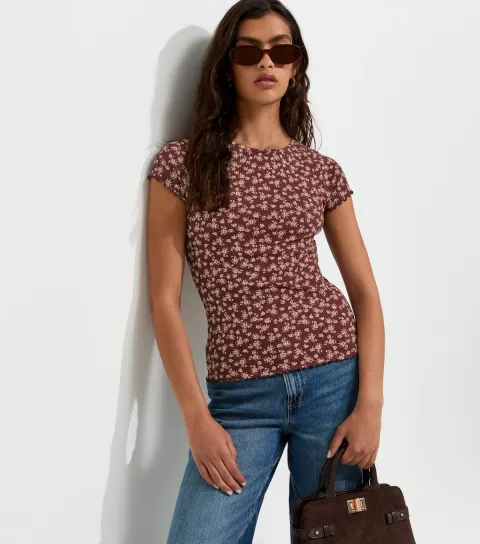 Red Cotton Rich Ribbed Ditsy Print T-Shirt