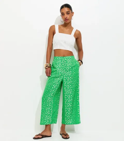 Green Floral Print Cropped Wide Leg Trousers