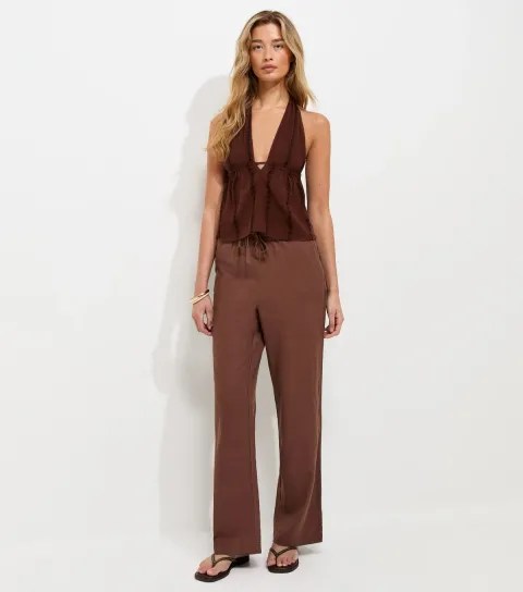 Tall Dark Brown Linen Rich Wide Leg Trousers
