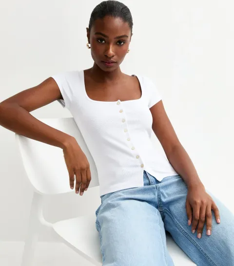 White Square Neck Button Through T-Shirt