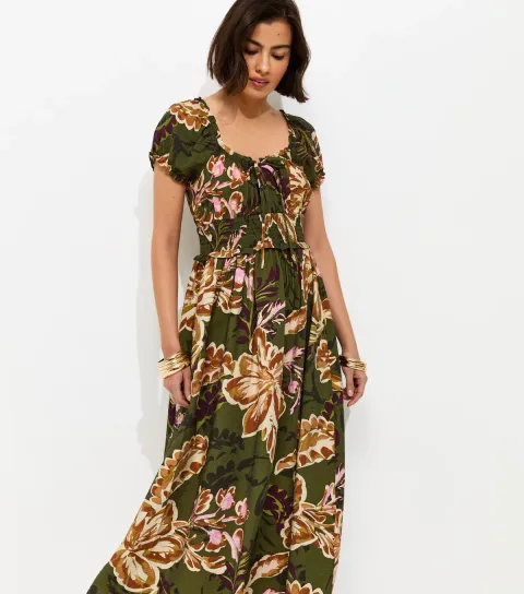 Green Paisley Pattern Shirred Waist Midi Dress