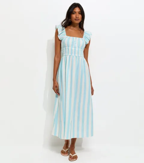 Blue Striped Shirred Waist Frill Sleeve Midi Dress
