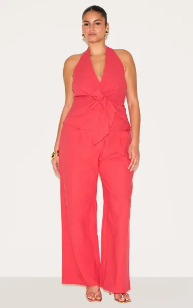 Plus Red Linen Pintuck Trouser