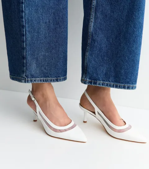 White Mesh Panel Slingback Court Shoes Vegan