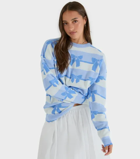 Light Blue Bow Pattern Crew Neck Jumper