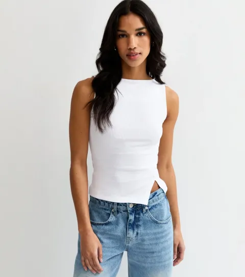 White Asymmetric Hem Button Side Vest Top