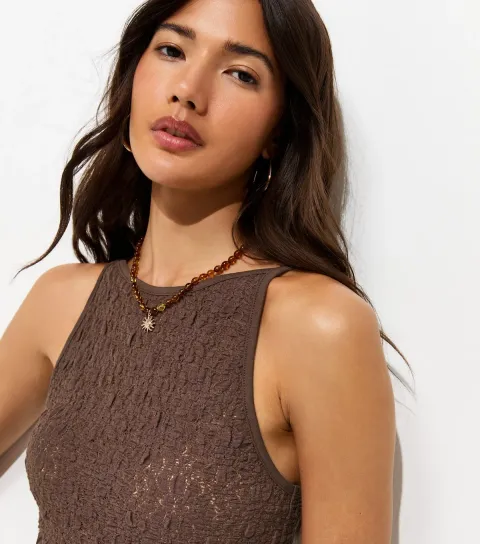 Dark Brown Textured Floral Lace Vest Top