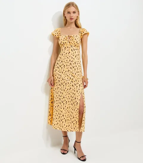 Yellow Ditsy Print Lace Trim Square Neck Midi Dress