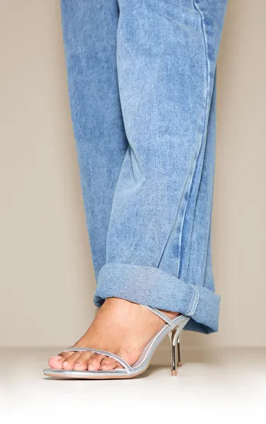 Silver Wide Fit Pu Round Toe Strappy Stiletto Heeled Mules