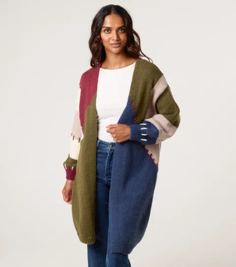 Navy Colour Block Long Cardigan