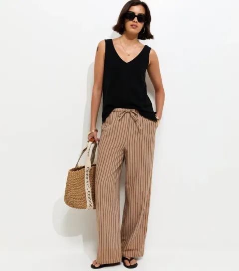 Brown Cotton Striped Wide Leg Trousers