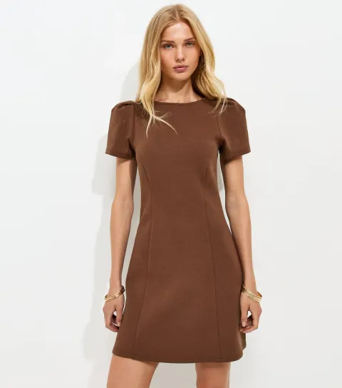 Dark Brown Cotton Rich Ponte Short Sleeve Structured Shoulder Mini Dress