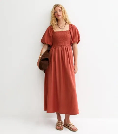 Dark Orange Milkmaid Midi Dress