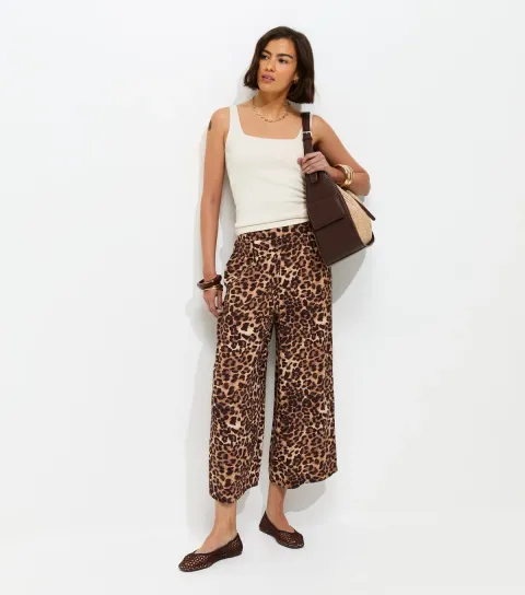 Brown Animal Print Cropped Wide Leg Trousers