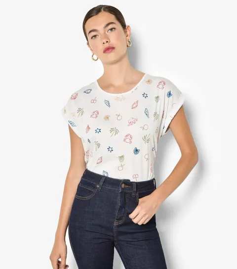White Coastal Print Turn Up Sleeve T-Shirt
