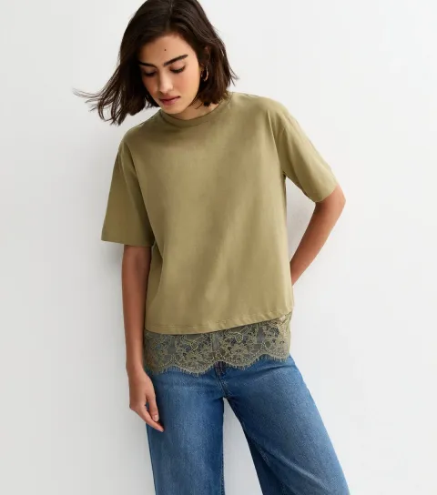 Khaki Lace Hem Boxy T-Shirt