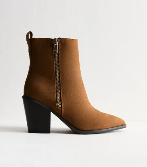 Wide Fit Tan Faux Suede Side Zip Heeled Ankle Boots Vegan