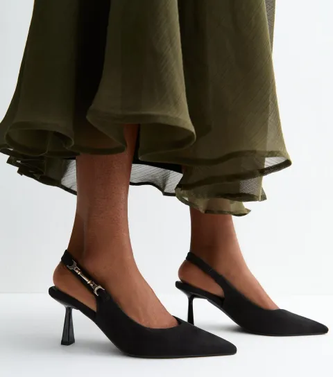Black Faux Suede Horsebit Detail Slingback Pumps Vegan