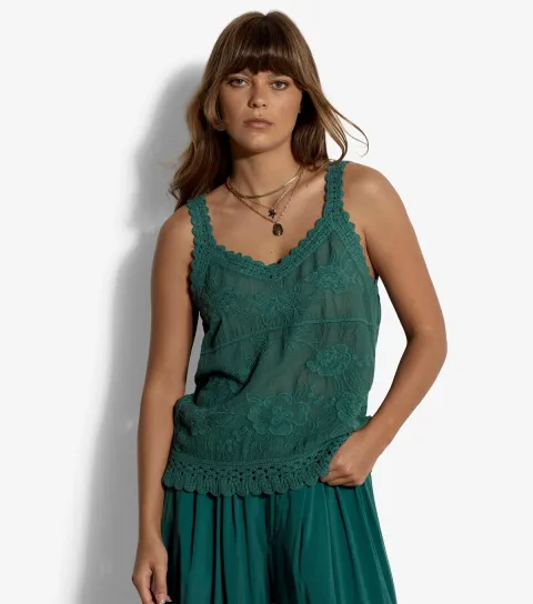 Green Floral Embroidery Crochet Cami Top