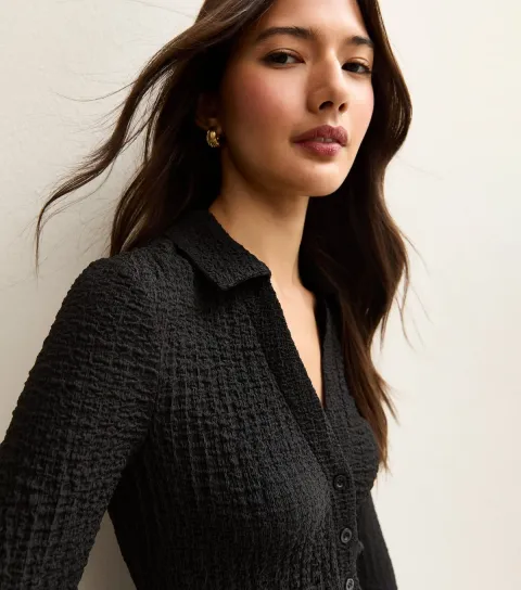 Black Textured Jersey Collared Long Sleeve Top
